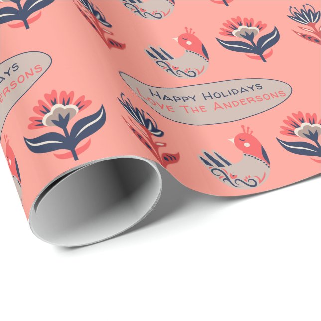 Skandinavische Folklore Koralle Blaue Vogelarten B Geschenkpapier (Rolleneckpunkt)