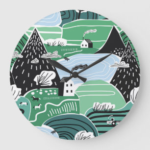Skandinavische Häuser, Bäume, Bergbilder Große Wanduhr