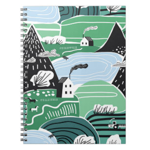 Skandinavische Häuser, Bäume, Berge Illustration Notizblock