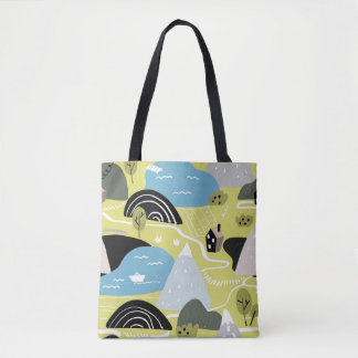 Skandinavische Häuser, Bäume, Gebirgsmuster. Tasche