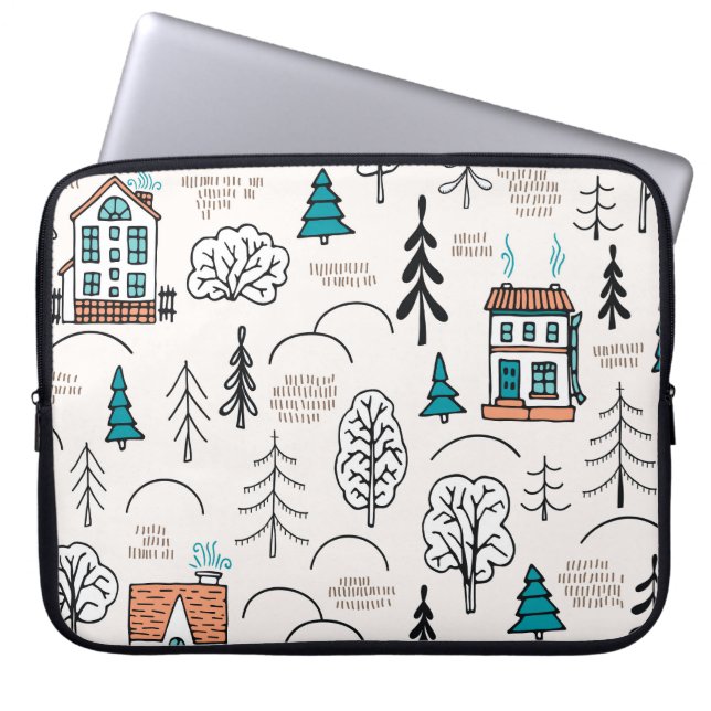 Skandinavische Häuser Waldmuster Laptopschutzhülle (Vorderseite)