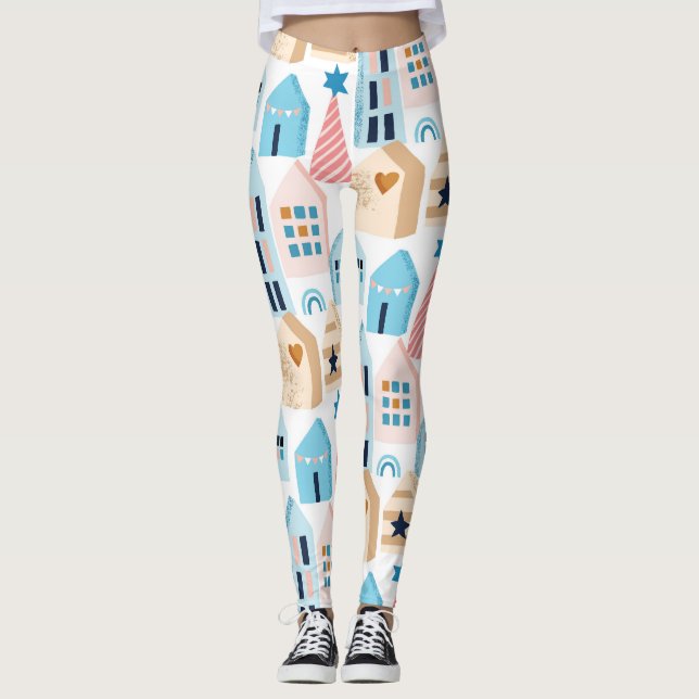 Skandinavische Häuser, Winter-Stimmungsmuster. Leggings (Vorderseite)