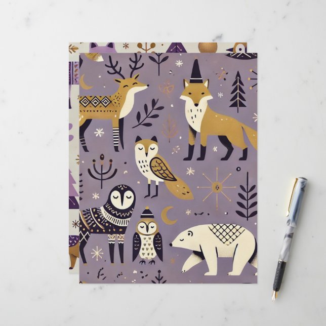 Skandinavische lila und goldene Tiere - Handbuch (Vorderseite/Rückseite Beispiel)