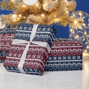 Skandinavische Ornamente auf blauen, bordeauxfarbe Geschenkpapier