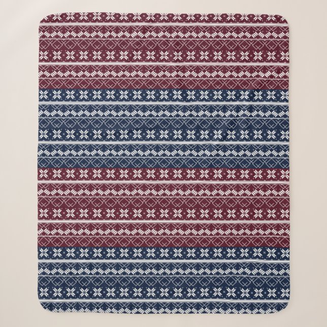 Skandinavische Ornamente auf blauen, bordeauxfarbe Sherpadecke (Vorderseite)