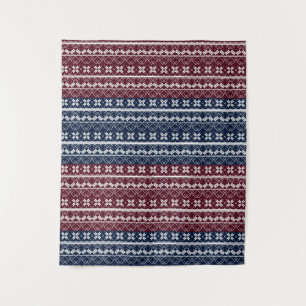 Skandinavische Ornamente auf blauen, bordeauxfarbe Wandteppich