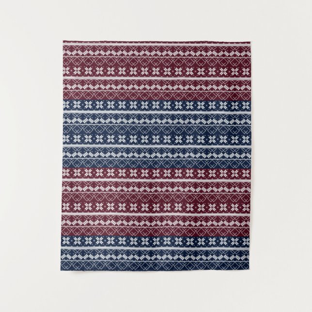 Skandinavische Ornamente auf blauen, bordeauxfarbe Wandteppich (Vorderseite)