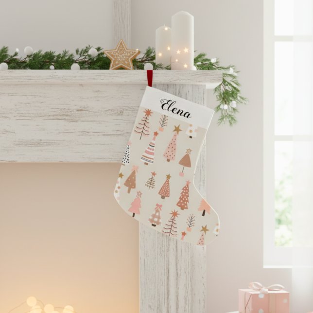 Skandinavische Rose-Weihnachtsbäume Kleiner Weihnachtsstrumpf (chaussette noël personnalisée enfant, motif sapins de noël rose, style scandinave)