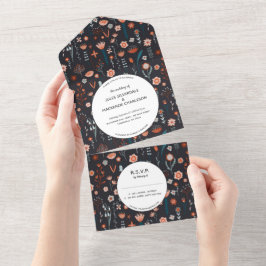 Skandinavische Sommer-Blume Dark Boho Hochzeit All In One Einladung