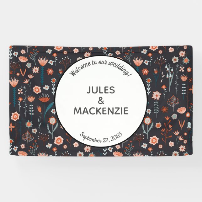 Skandinavische Sommer-Blume Dark Boho Hochzeit Banner (Horizontal)
