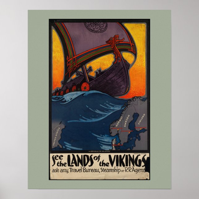 Skandinavische Vintage Travel Ad with Viking Ship Poster (Vorne)