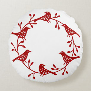 Skandinavische Vögel mit Rosehips-Kranz Rundes Kissen