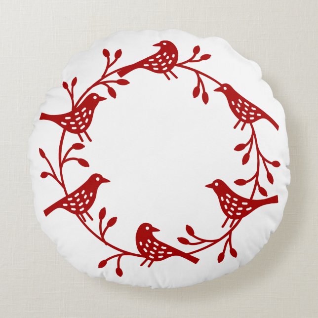 Skandinavische Vögel mit Rosehips-Kranz Rundes Kissen (Vorderseite)