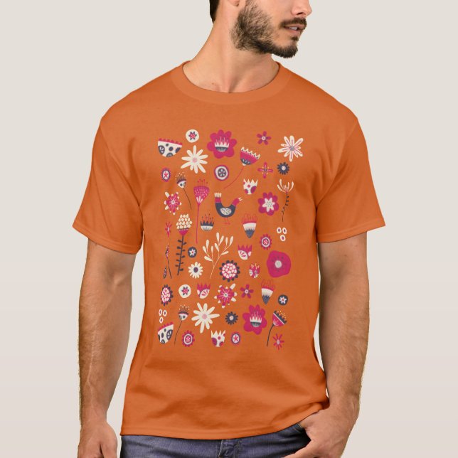 Skandinavische Vögel und Blume lustig T-Shirt (Vorderseite)