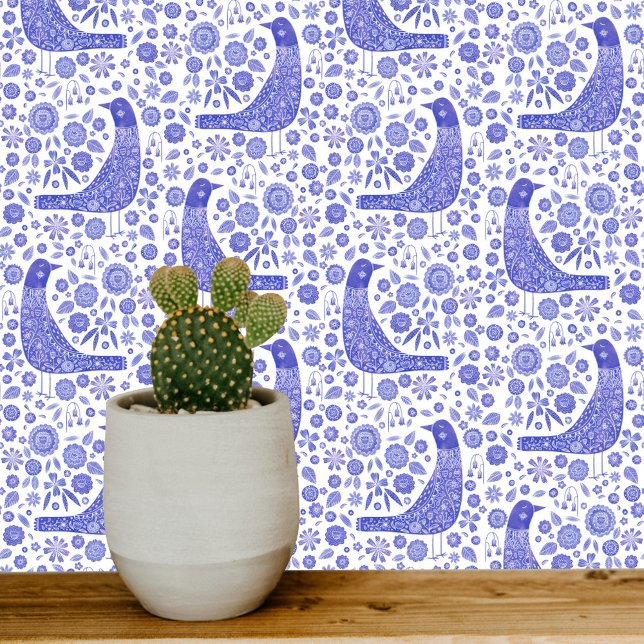 Skandinavische Vogelarten Blau und Weiß Tapete (Nordic Birds blue and white art wallpaper)