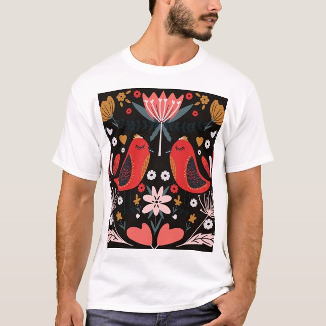 Skandinavische Volkskunst: farbenfrohe Vögel. T-Shirt (Vorderseite)