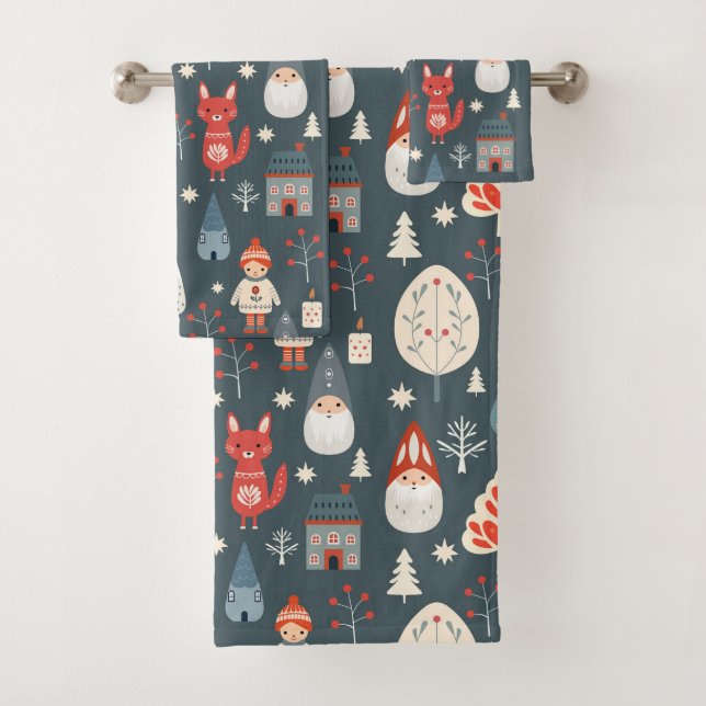 Skandinavische Volkskunst mit Weihnachtszwergen Badhandtuch Set (Insitu)