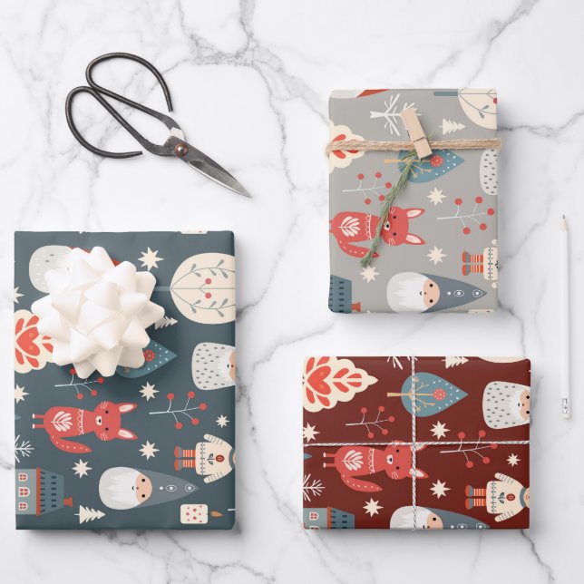 Skandinavische Volkskunst mit Weihnachtszwergen Geschenkpapier Set (Vorderseite)