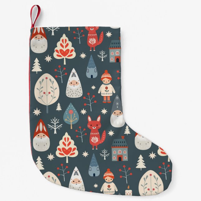 Skandinavische Volkskunst mit Weihnachtszwergen Kleiner Weihnachtsstrumpf (Vorderseite)