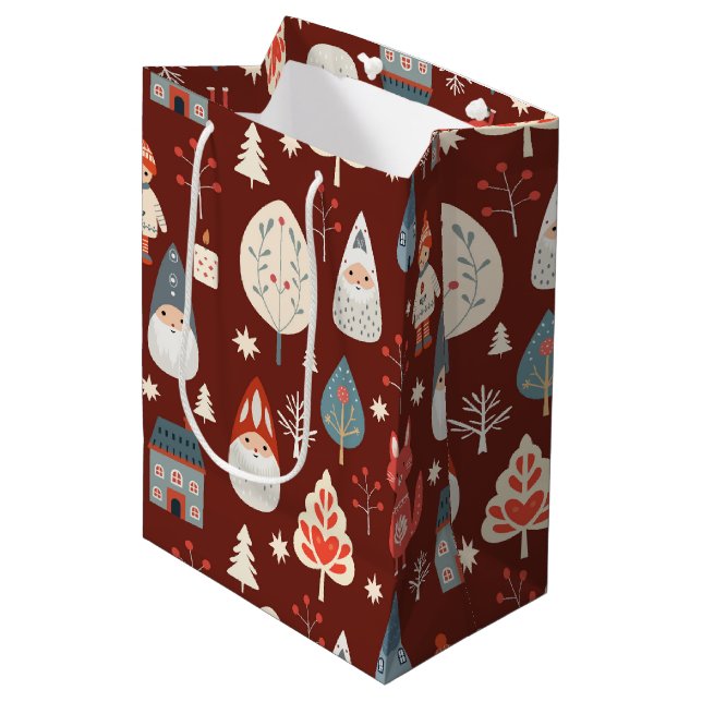 Skandinavische Volkskunst mit Weihnachtszwergen Mittlere Geschenktüte (Vorderseite Schrägansicht)