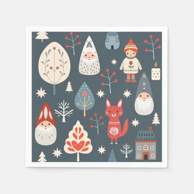 Skandinavische Volkskunst mit Weihnachtszwergen Serviette (Vorderseite)