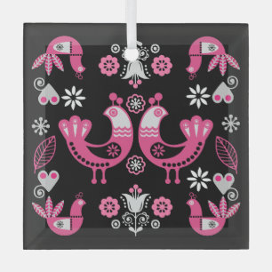 Skandinavische Volkskunst Rosa und Weiße Vögel Ornament Aus Glas