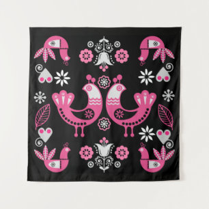 Skandinavische Volkskunst Rosa und Weiße Vögel Wandteppich
