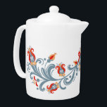 Skandinavische Volkskunst Velkommen Teapot<br><div class="desc">Eine warme Tasse Tee ist immer eine gute Möglichkeit, Freunde auf Ihrer Zuhause zu begrüßen. Dieser skandinavische inspirierte Teekessel besticht durch ein blumengeschmücktes Folkloredesign im skandinavischen Stil der Rosmarin-Malerei. Der Rand um die Teekanne herum ist blau verwirft, mit gelben, grauen und roten Blume auf weißem Hintergrund. Diese köstliche Teekanne koordiniert...</div>