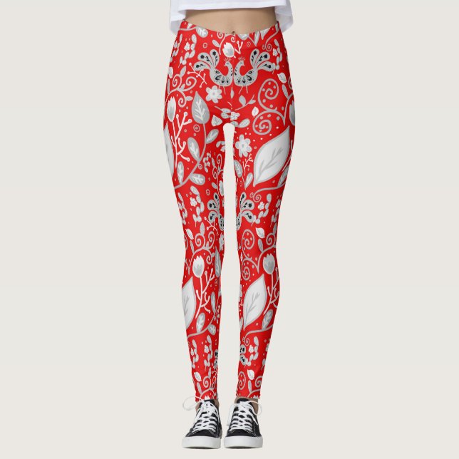 Skandinavische Volkskunst Vögel rot weiß Leggings (Vorderseite)