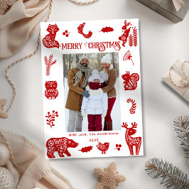 Skandinavische Volkskunst Wald Waldtiere Vögel Fot Feiertagskarte