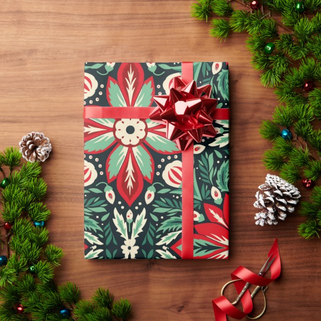Skandinavische Volkskunst Weihnachten Rot und Grün Geschenkpapier (Feiertagsgeschenk)