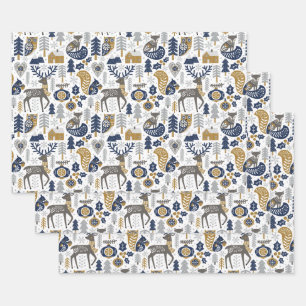 Skandinavische Waldtiere Schneeflocken Weihnachten Geschenkpapier Set