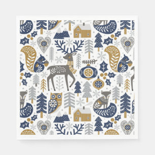 Skandinavische Waldtiere Schneeflocken Weihnachten Serviette