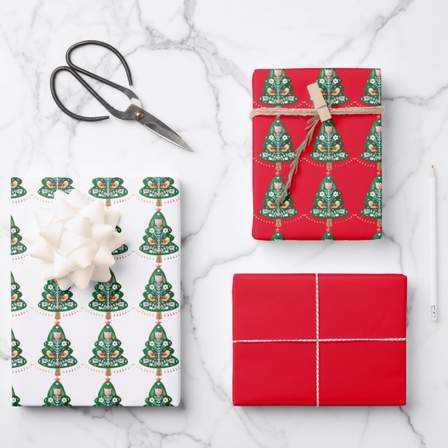 Skandinavische Weihnachtsbaumkunst Geschenkpapier Set (Vorderseite)
