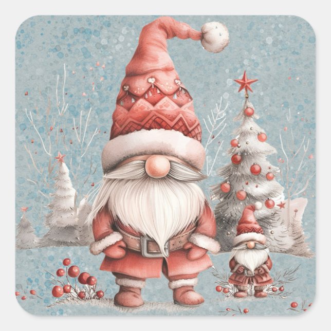 Skandinavische Weihnachtsgnome Red Berries Quadratischer Aufkleber (Vorderseite)