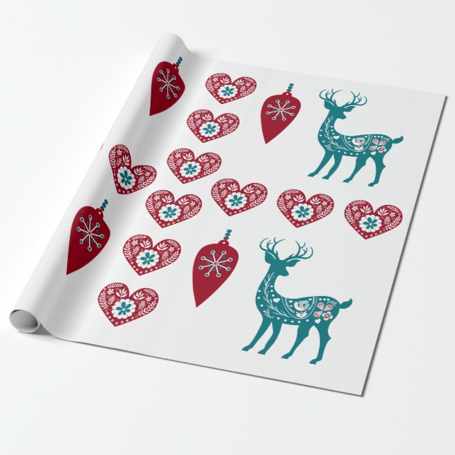 Skandinavische Weihnachtslieder Rentier Red Bauble Geschenkpapier (Ungerollt)