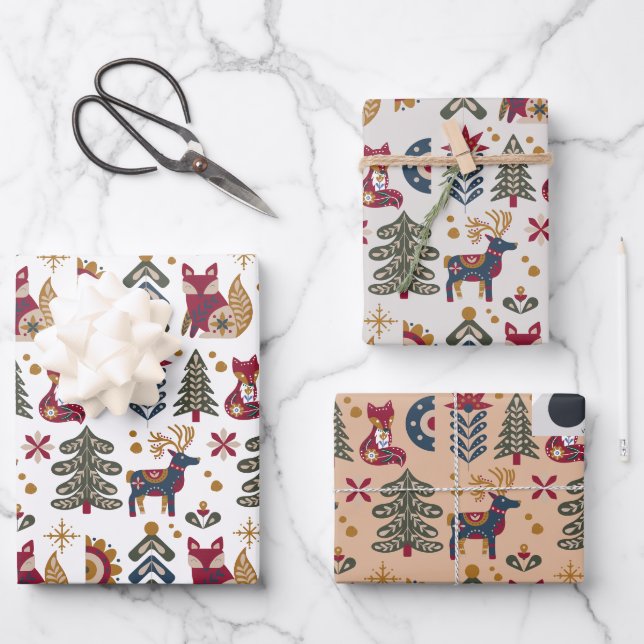 Skandinavische Weihnachtsrinder Geschenkpapier Set (Vorderseite)