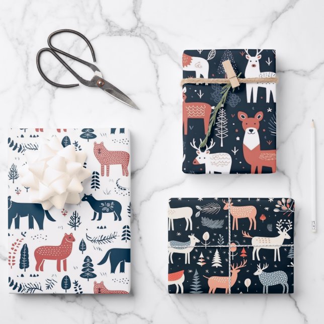 skandinavische Weihnachtstiere Geschenkpapier Set (Vorderseite)