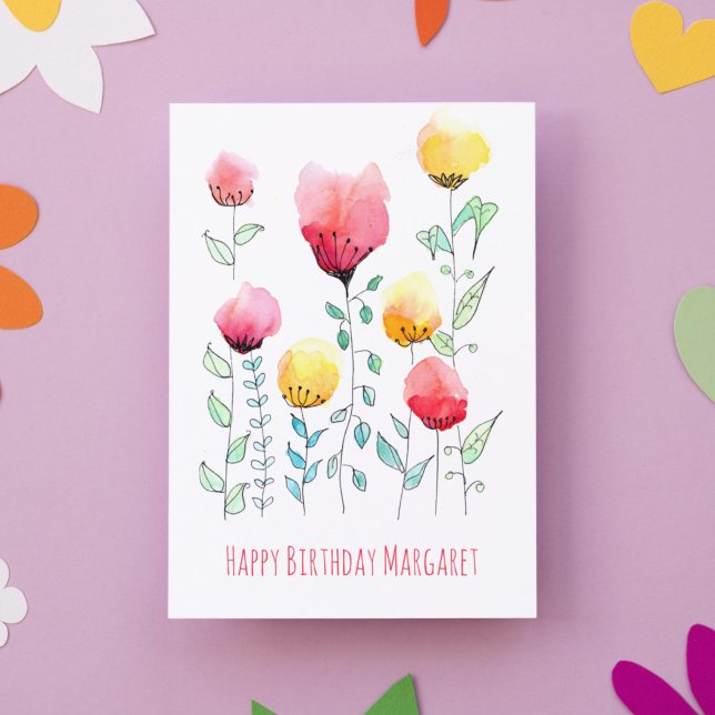 Skandinavische Wildlieder Niedlich Personalisierte Karte (This whimsical birthday card pairs folk flowers with modern typography for a cute Happy Birthday!)