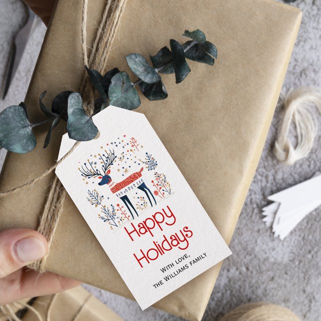 Skandinavischer Hirsche Rot Blau Weihnachtsfeierta Geschenkanhänger (Von Creator hochgeladen)