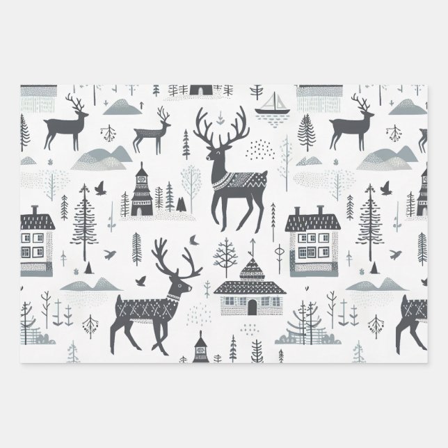 Skandinavischer Hirschhirsch, schwarz Geschenkpapier Set (Vorderseite)