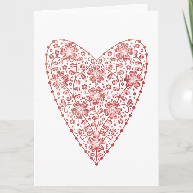 Skandinavischer Roter Valentinstag Karte (Scandinavian folk floral red and white heart personalized Valentine's card)