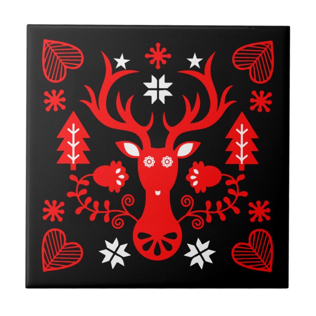 Skandinavischer roter Weihnachtshirsch Fliese (Vorderseite)