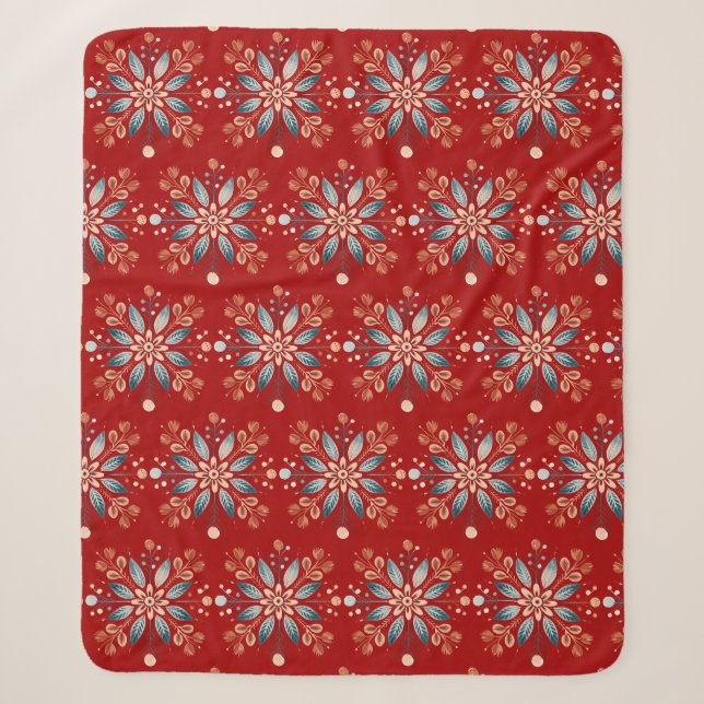 Skandinavischer Volkssnowflake Roter Hintergrund Sherpadecke (Vorderseite)