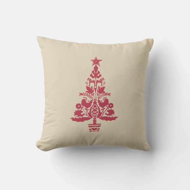 Skandinavischer Weihnachtsrot Orange Nordic Tree Kissen (Vorderseite)