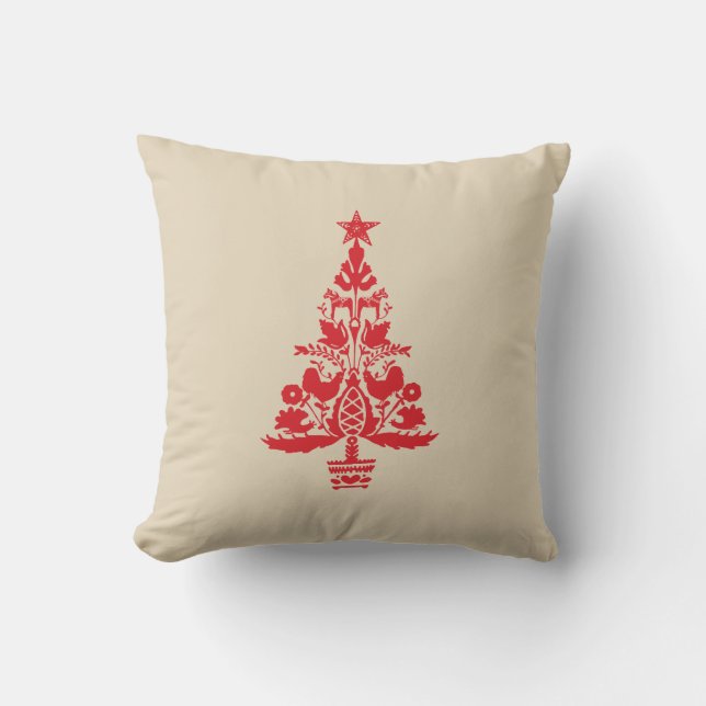 Skandinavischer Weihnachtsrot Orange Nordic Tree Kissen (Vorderseite)