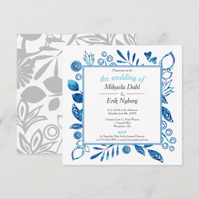Skandinavischer Winter Blue Floral Muster Hochzeit Einladung (Vorne/Hinten)