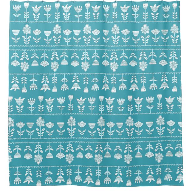 skandinavisches Blau mit weißen Blume Duschvorhang (Vorderseite)