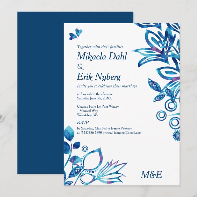Skandinavisches Blaues Muster Hochzeit Einladung (Vorne/Hinten)