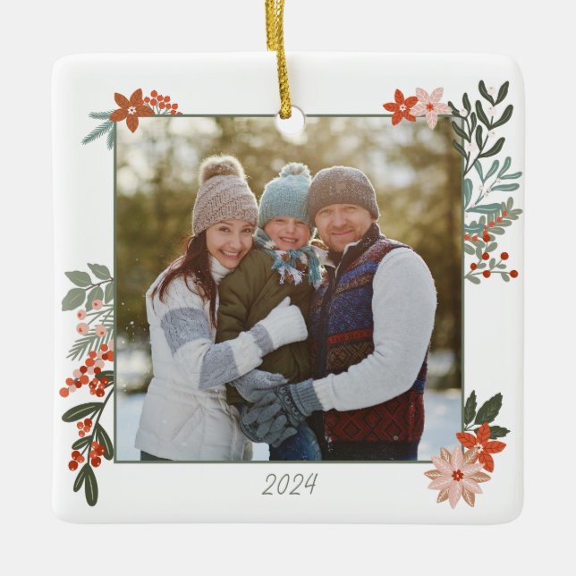 skandinavisches Flora Holiday Foto Keramikornament (Vorderseite)